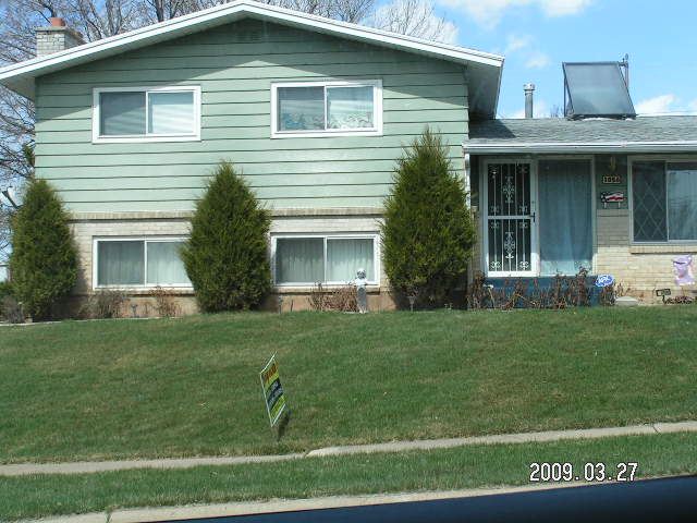 The green hosue with a grass-filled front lawn and trees in front of the house.